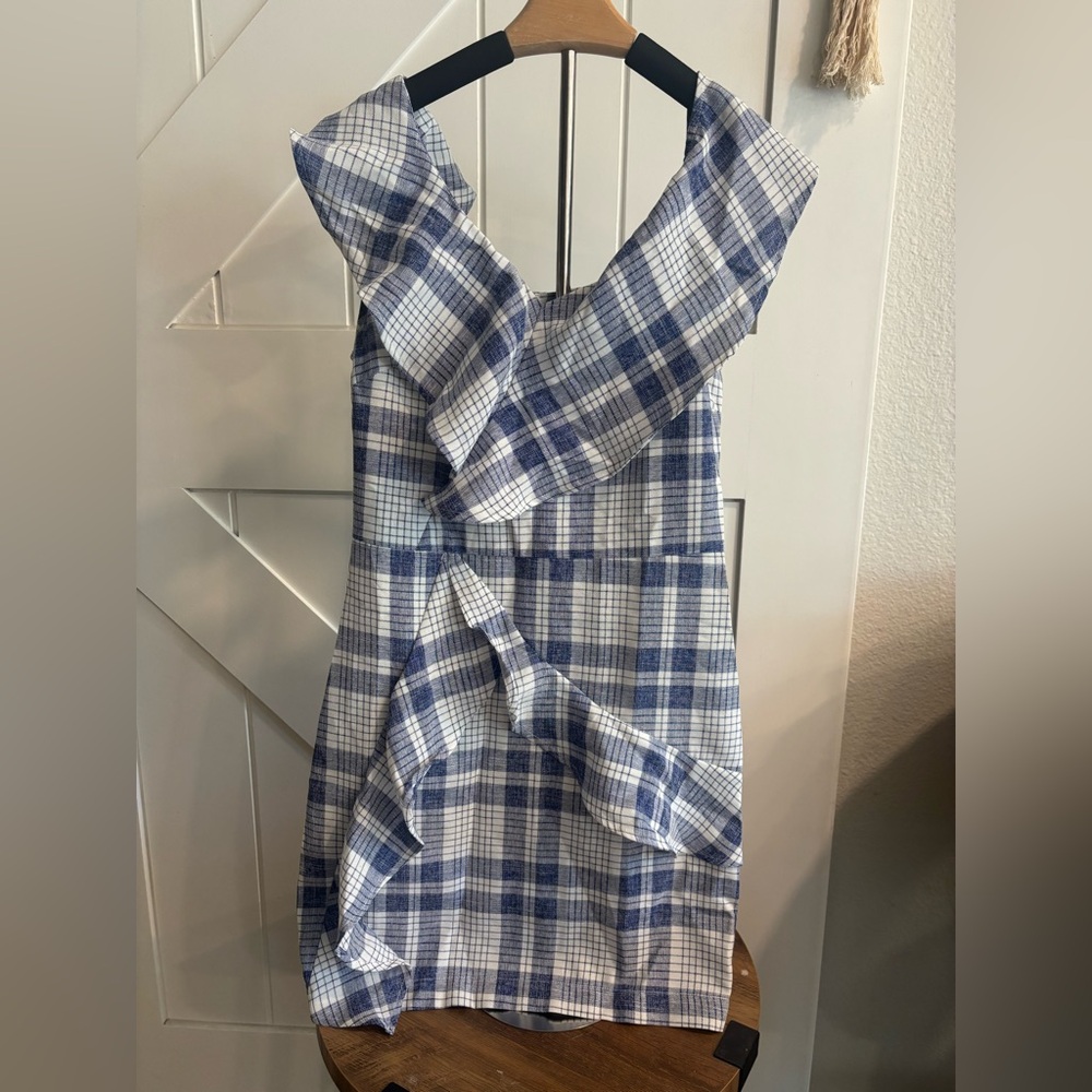 Endless Rose One Shoulder Ruffle Mini Dress Blue White Plaid Asymmetrical S NWT - Picture 3 of 7